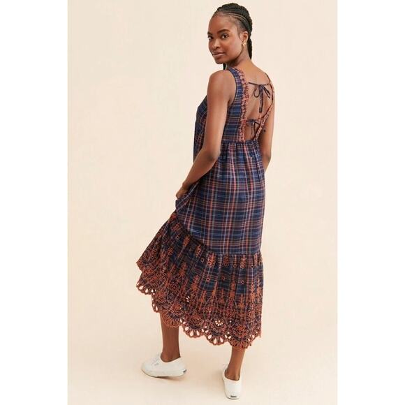 Anthropologie Eyelet Plaid Midi Dress S - Picture 2 of 7